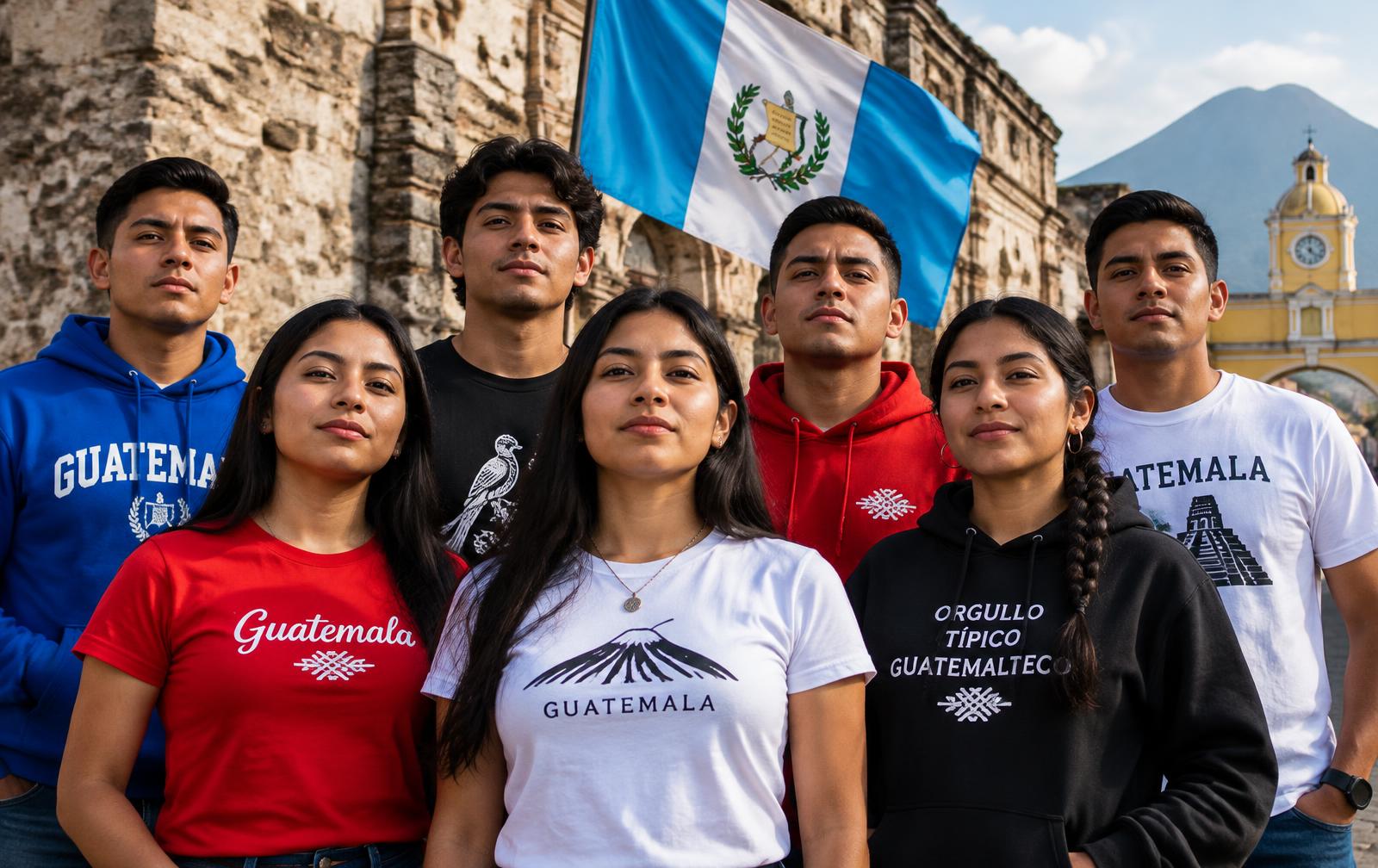 Jóvenes de Generación F. frente a un muro colonial con la bandera de Guatemala